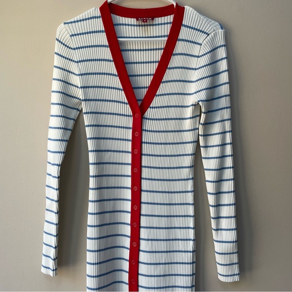 STAUD Shoko Ribbed Knit Midi Dress White Light Blue Stripes Red Trim Size M - Picture 5 of 13